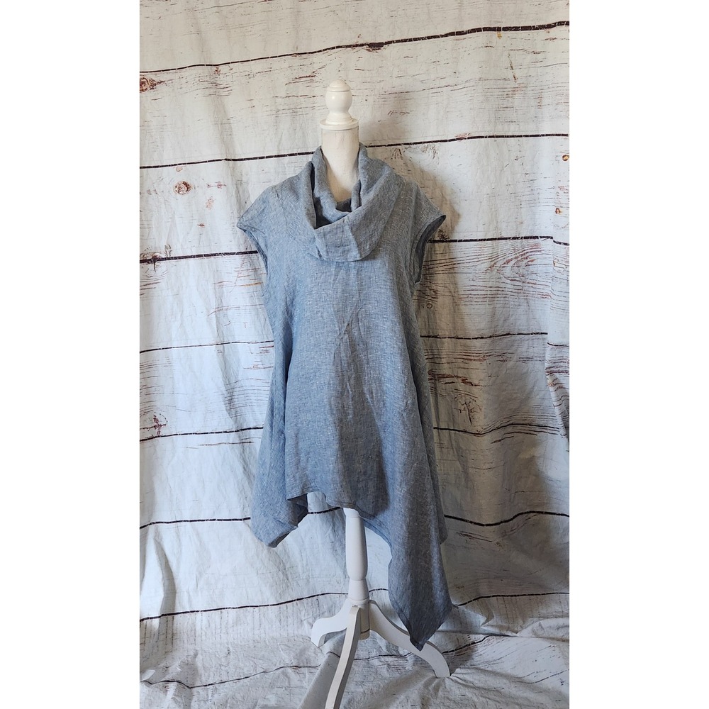 Bryn Walker Noa Linen Cowl Neck Asymmetric Tunic Lagenlook Top Blue Size M